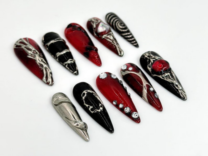 Unique Gothic-Inspired Long Stiletto Nails | Edgy Black & Red Metallic Nails | Long Stiletto with Silver Details | Gothic Style | JB589HK