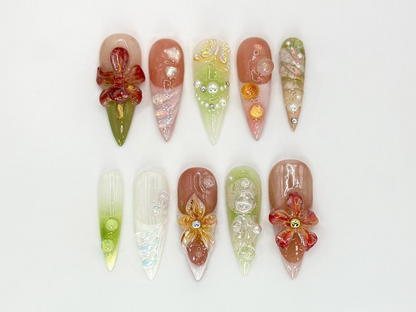 Garden-Inspired Floral Press On Nails | 3D Handcrafted Flowers & Gems Nail Art | Spring And Summer Nail Design | Custom Nail Set | JB661H