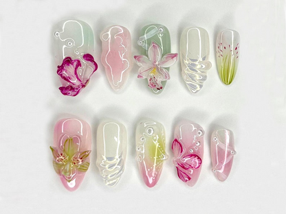 Orchid Dreams 3D Press On Nails | Delicate Hand-Painted Flowers | Handmade Nail Art with Soft Blossoms | Soft Pastel Tones | JC519H