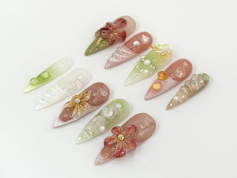 Garden-Inspired Floral Press On Nails | 3D Handcrafted Flowers & Gems Nail Art | Spring And Summer Nail Design | Custom Nail Set | JB661H