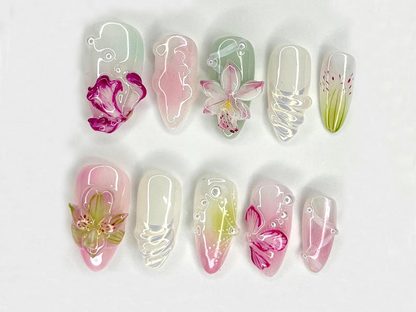 Orchid Dreams 3D Press On Nails | Delicate Hand-Painted Flowers | Handmade Nail Art with Soft Blossoms | Soft Pastel Tones | JC519H