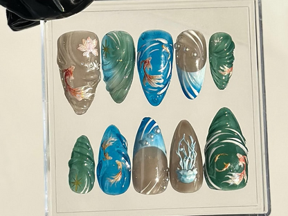 Artistic Aquarium-Themed Almond Nails | Japanese Koi Fish Nail Art | Water-Inspired Fake Nails | Watercolor-Style Koi Fish Nails | HB730YK