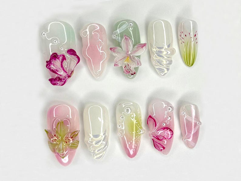 Orchid Dreams 3D Press On Nails | Delicate Hand-Painted Flowers | Handmade Nail Art with Soft Blossoms | Soft Pastel Tones | JC519H