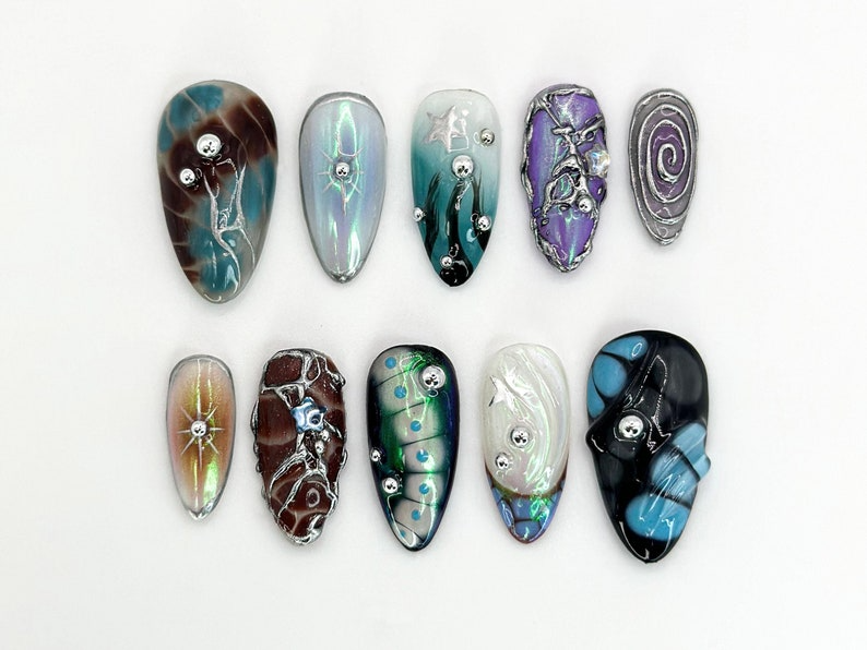 Galaxy-Inspired 3D Press-On Nails | Custom Holographic Nail Art | Stars, Planets & Galaxies Design | Celestial Nail Set | JB656H