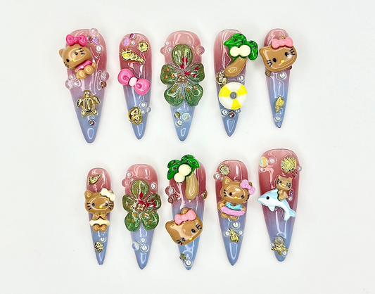 Hello Kitty Kawaii 3D Press On Nails | Tropical Cute Nail Art | Summer Ocean Theme | Tropical Flowers & Sea Animal Design | JC920EK
