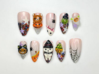 Halloween Kawaii Bear Press On Nails | Handmade Cute & Creepy Nail Art | Glitter Witch Pumpkin Design | Unique Pastel Press Ons | JB166HC