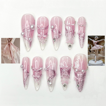 Pink Ballerina Press On Nails for Girls – Soft Blush Ombre Stiletto Nails with Pearls & Ribbons, Handmade Coquette Balletcore Inspired Press On Nail Set, Luxury Princess Nails | OB291HC