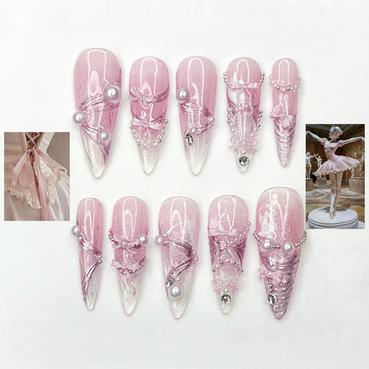 Pink Ballerina Press On Nails for Girls – Soft Blush Ombre Stiletto Nails with Pearls & Ribbons, Handmade Coquette Balletcore Inspired Press On Nail Set, Luxury Princess Nails | JB291HC