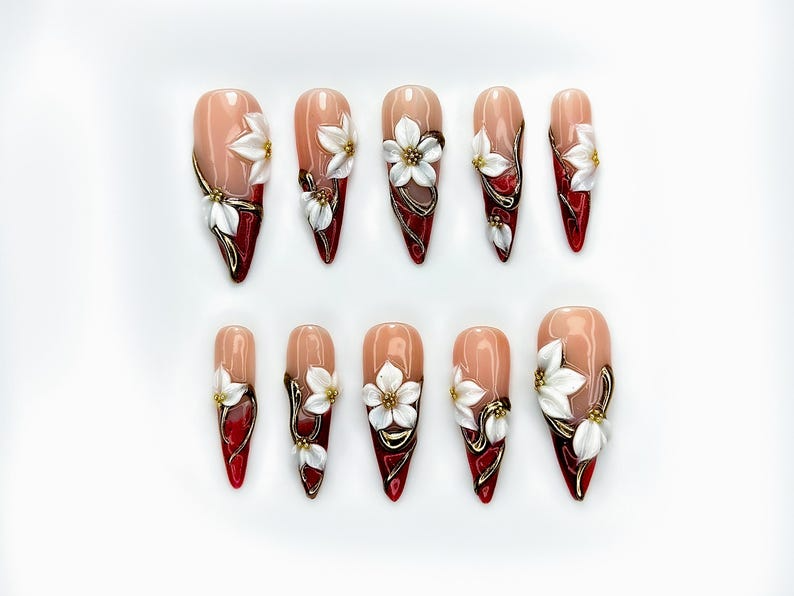 Bold Red Floral Press On Nails | Red Nude Gradient Nails | 3D White Floral & Gold Accents | Statement Autumn Nails | JB177EC