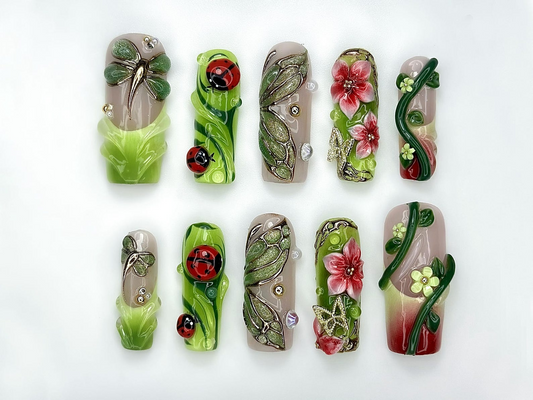 Enchanted Forest Garden Press On Nails | 3D Ladybug & Dragonfly Nails | Botanical Nature Nail Art | Red Floral Green Vine Nails | JB974EK