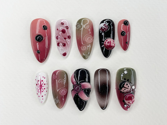 3D Insect Garden Press On Nails | Custom Jelly Flower Handmade LadyBug Press-Ons | Acrylic Gel Nail Art | Hand-painted Fake Nails | JC427AG