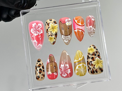 Tropical Summer Press On Nails | 3D Hibiscus, Citrus Design Fake Nails | Handmade Vacation Nail Art | Luau Beach Press Ons | Summer |HB878YC
