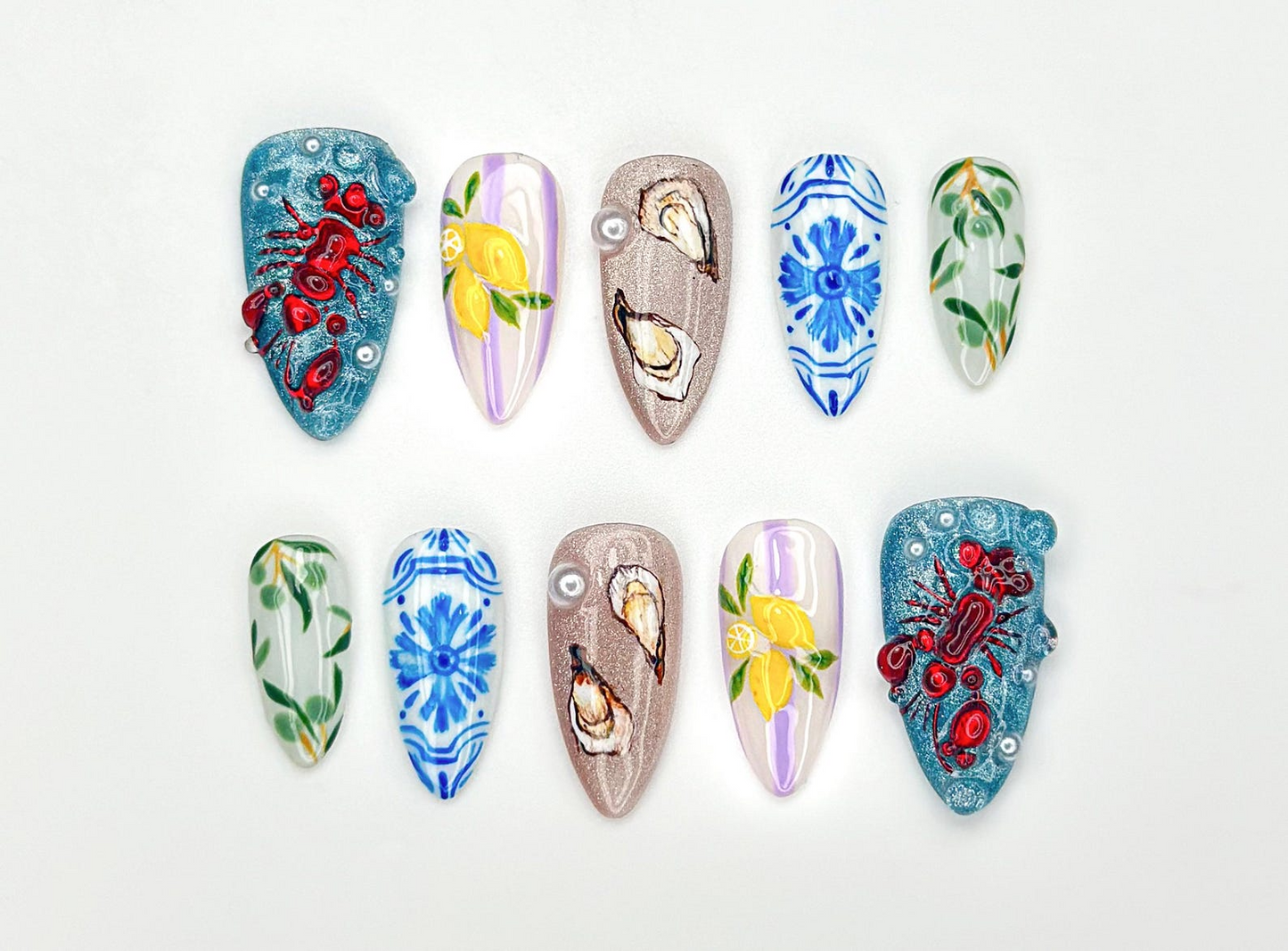Artistic Seafood Theme Press On Nails | Oyster, Lobster & Lemon Nail Art | Blue Tile Coastal Press Ons | Handpainted Summer Sea Nail |JB964H