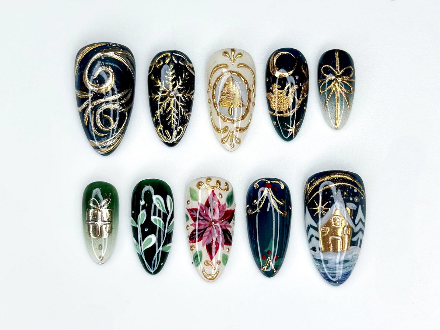 Midnight Christmas Press On Nails | Black & Gold Christmas Nail | Hand-Painted Design | Holiday Nail Set | Luxury Winter Press Ons | JB215HC