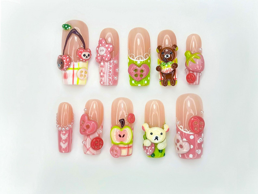 Kawaii Bear Candy Press On Nails | 3D Cute Apple Cherry Nail Art | Pastel Pink Green Y2K Vibes | Cartoon Dessert-Inspired Nails | JB986EC