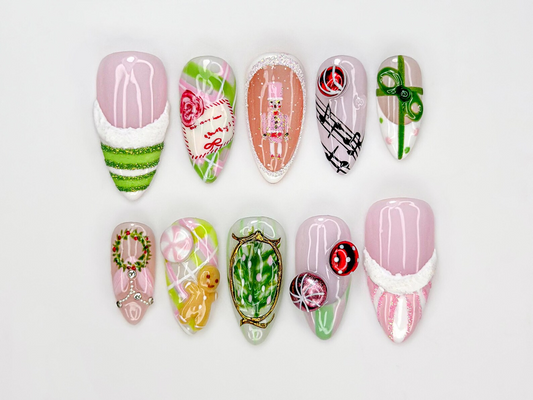 Pink Peppermint Christmas Press On Nails | Nutcracker Holiday Cute Nails | Wreath & Candy Art Nails | Cute Christmas Pastel Nails | JC259EC
