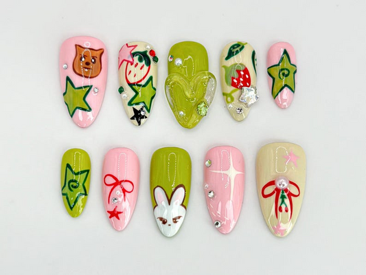 Custom Kawaii Bunny Press-On Nails | Bunny and Star Designs | Pink & Green Nail Set | Adorable Bunny Theme | Handmade Nail Art | JB615HC