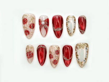 Press On Nails For Christmas | Holiday Christmas Nails | Gold Leaf Luxury Nail Art | Pearl Accent Classy Nails | JB210EC