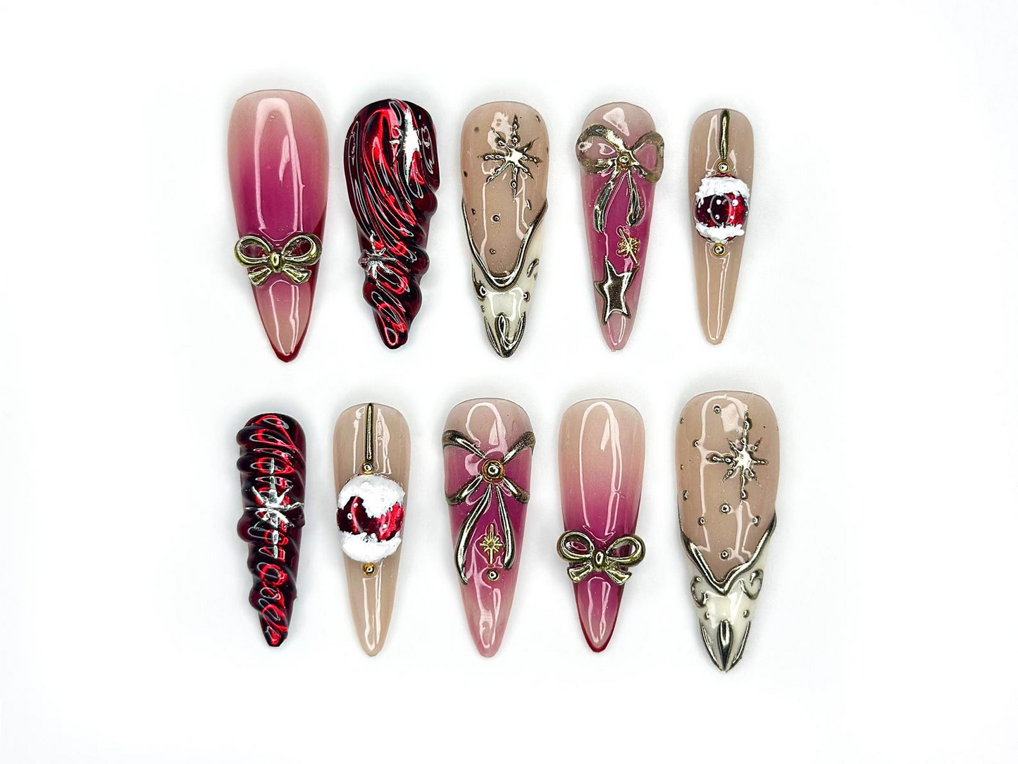 Elegant Christmas Press On Nails | Holiday Chrome Nail Art | Winter Festival Nails | Red Gold Bow Design | Handmade Gift for Her | JB1190BK
