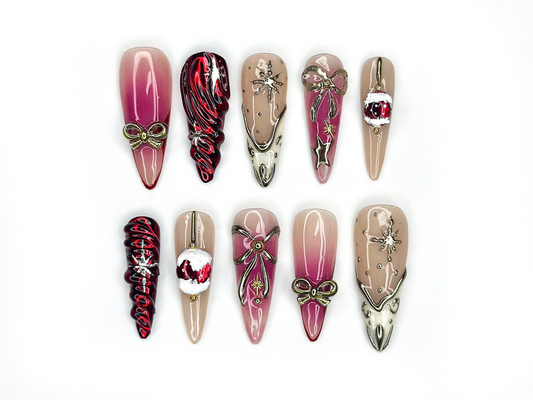 Elegant Christmas Press On Nails | Holiday Chrome Nail Art | Winter Festival Nails | Red Gold Bow Design | Handmade Gift for Her | JB1190BK