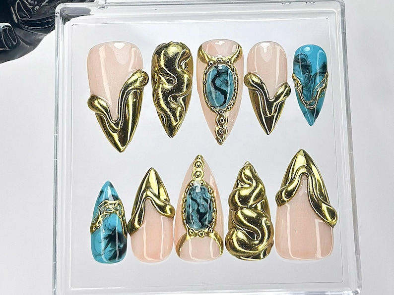 Metallic Turquoise Gold Press On Nails | Luxury Abstract Chrome Fake Nails |3D Sculpture Nail Art | Stone Acrylic Nails|HB833YC