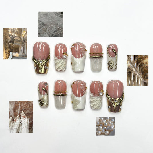 Royal Balletcore Press On Nails | Luxury Pearl Bow Fake Nails | Handpainted Gold French Tip Nails |Elegant Bridal Nails Reusable | JB343IC