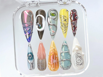 Vibrant 3D Fashion Press On Nails | Bold 3D Art Nail Polish | Unique Sculptural Nails | Gallery-Ready Press Ons | Standout Acrylic | HB483YC