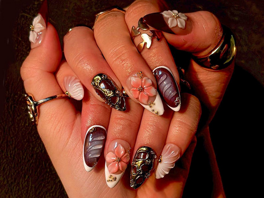 Mystic Bloom Luxury Press On Nails | Metallic Floral Accent Nails | Purple Gradient & 3D Flower Design | Elegant Gothic Nail Art | HB1084EK