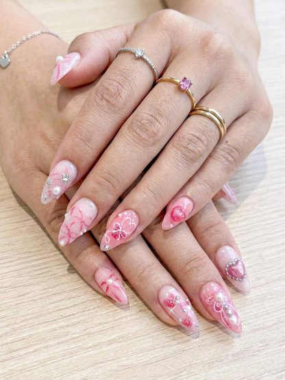 Press On Nails with Pink Ribbon & Heart Charm Design, Handmade Long Glossy Fake Nails for Romantic Coquette Look or Aesthetic Statement Nails