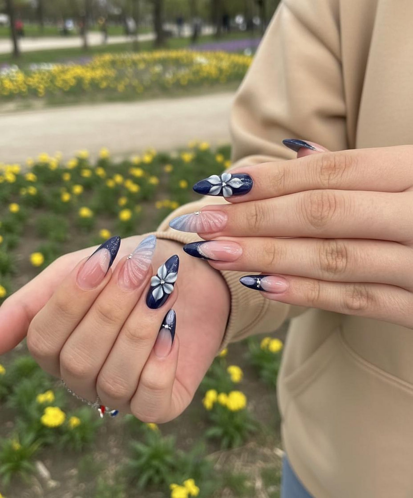 Midnight Blossom Spring Press On Nails | Navy Floral Ombré Nail Art | Luxury Floral Blue Nails Set | Elegant Blush Ombre Nails | HC1240EC