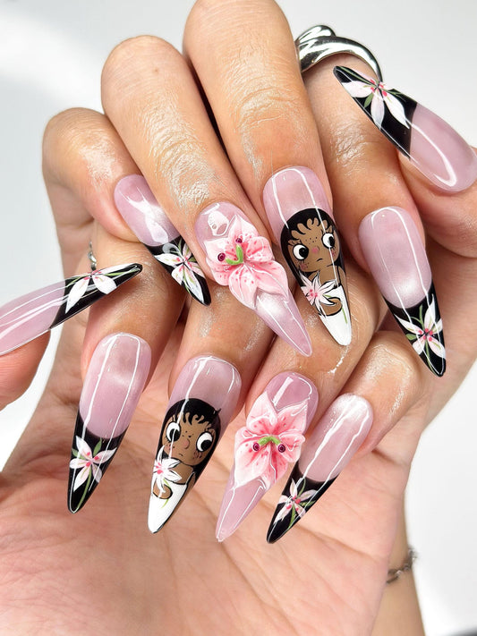 Lilo Inspired Nails | Hand-Painted Character, 3D Lilies, Goth V-French Almond Shape | JB369IK