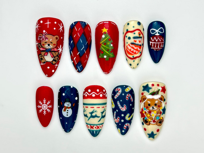 Cozy Teddy Christmas Press On Nails | Festive Winter Nail Art | Cute Bear & Snowman Art | Red Navy Candy Cane Nails | JB234EC