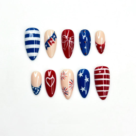 4th of July Press On Nails | Handpainted Patriotic USA Flag Almond Nails | OB398LK