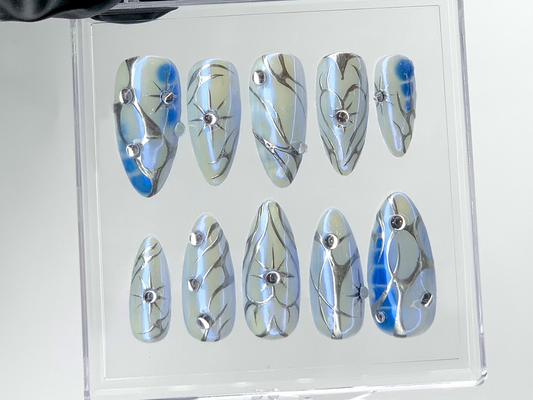 Elegant Blue Marble Press On Nails | Hand-Painted 3D Silver Patterns And Crystals Fake Nails | Rhinestone Nails | Y2k Nail Art | HC557YL