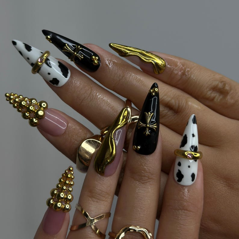 Gothic Cow Glam Press On Nails | Black & White Cow Print Stiletto Nails | Gold 3D Metal Accents | Spider Charm Nail Art | HB1058YK