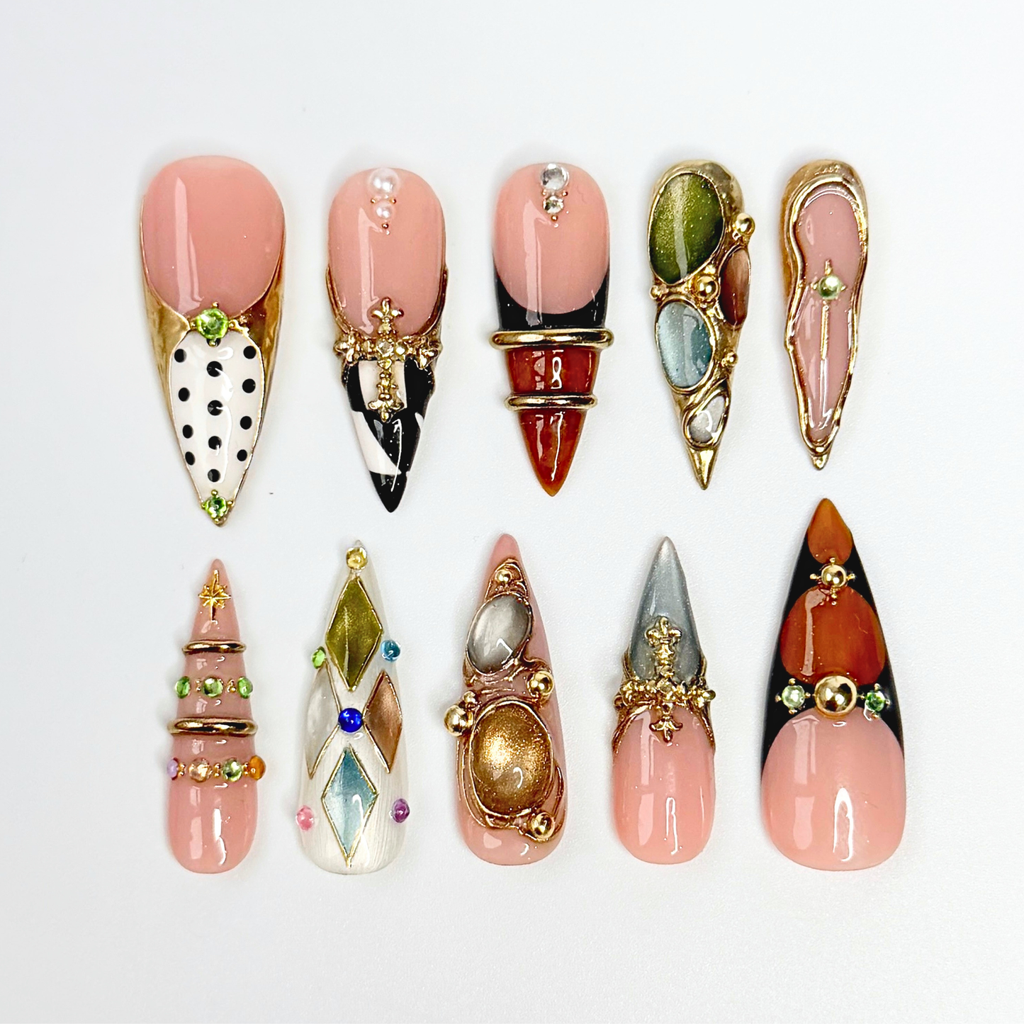 Luxury Press On Nails with Gemstone Charms | Vintage Gold Fake Nails in Long Almond | Handmade Statement Nails for Wedding, Party OB1111L