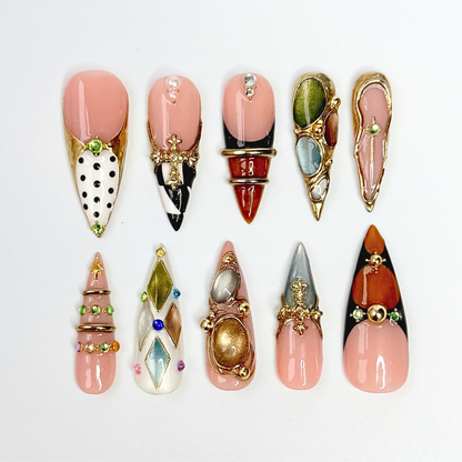 Luxury Press On Nails with Gemstone Charms | Vintage Gold Fake Nails in Long Almond | Handmade Statement Nails for Wedding, Party OB1111L