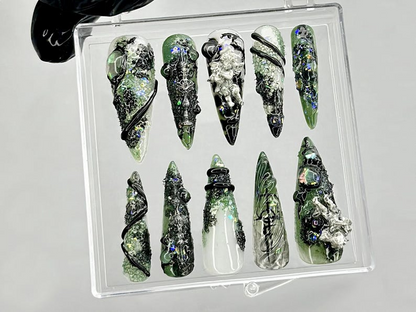 Emerald Witch 3D Press On Nails | Spooky Witch Nail Art | Creepy Cute Press Ons | Black Green Horror Fake nails | 3D Creepy Nails | HB945YC