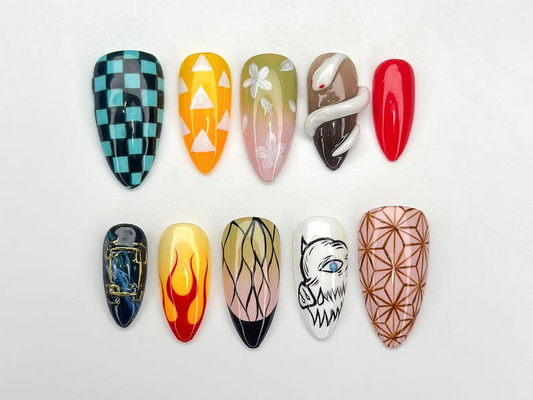 Demon Slayer Anime Press On Nails | Cosplay Character Nail Art | Flame Snake Nail Set | Caro Geometric Press Ons |JC1111BK