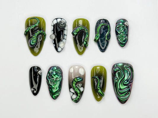 Gothic Chrome Snake Press-On Nails | Reptilian Inspired Nail Design | Dark Gothic Nail Art | 3D Snake Nails | Black Green Nails | JB733HC