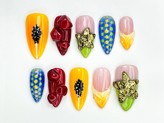 Tropical Fruit Press On Nails | 3D Papaya, Corn & Dragonfruit | Vibrant Handmade Nail Art | Exotic Summer Nail Set| Cute Fruit Nail | JB873H