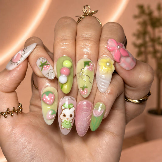 Cottagecore Strawberry Press On Nails Summer Almond • Kawaii Birthday Gift • 3D Dango Pink Pearl Bow • Cute Bunny Tulip Art • OB1365DG