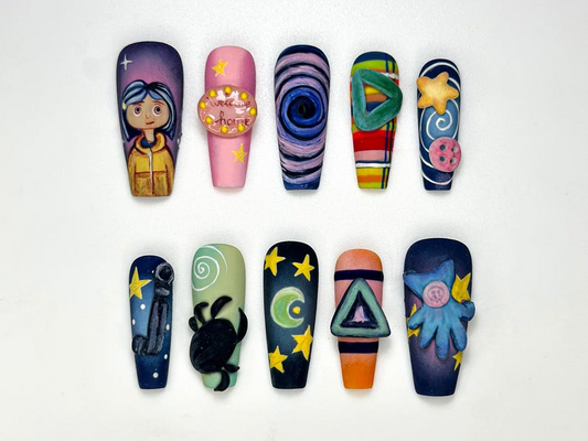 Creepy Cute Cartoon Press On Nails | Handmade 3D Starry Night Nails | Halloween Nail Art | Unique Spooky Nail Set | JA136HC