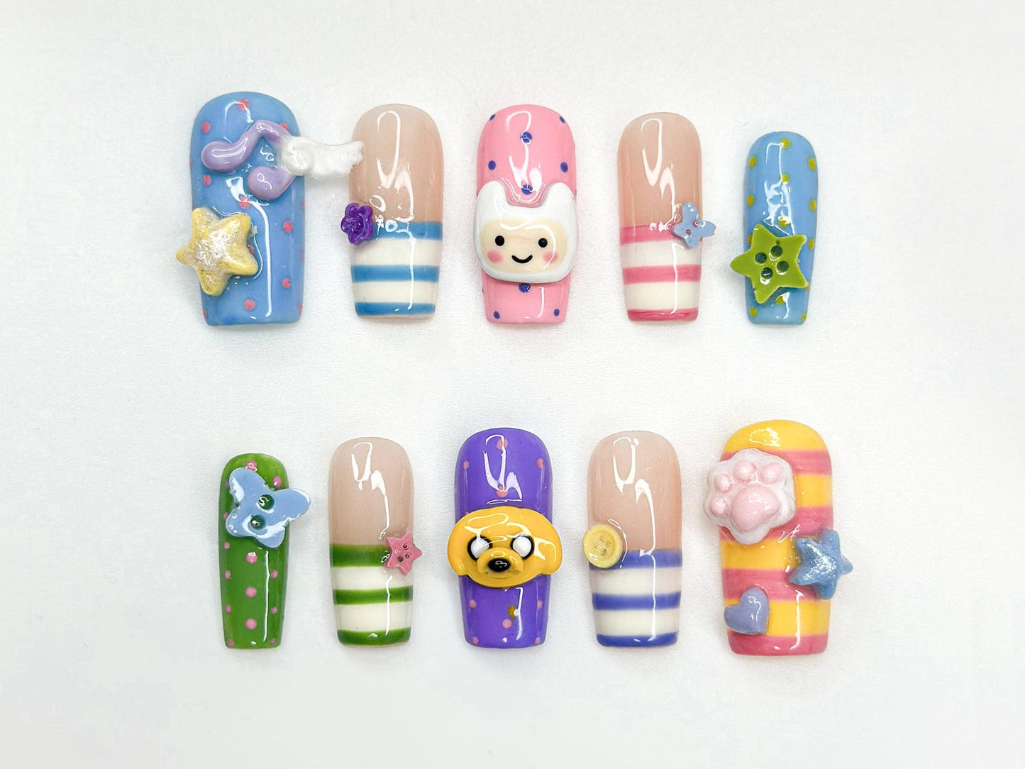 Adventure Time Press On Nails | Finn & Jake Cartoon Nails | Cute Kawaii Character Nail Art | Colorful 3D Nails | Fun Press Ons | JB331HC