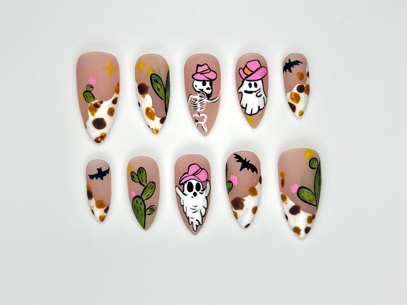 Western Ghost Cowgirl Press On Nails | Spooky Desert Nail Art | Halloween Cactus Nails | Cow Print & Pink Hat Ghost Design | HB1069EC