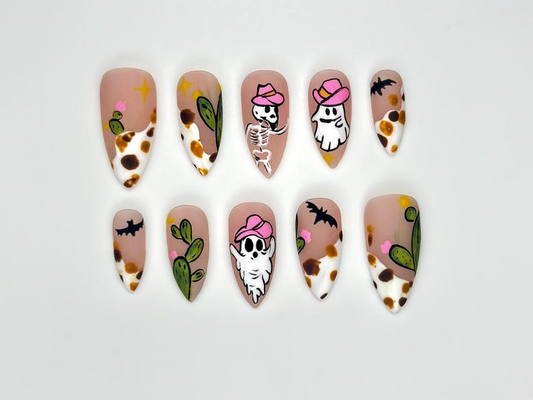Western Ghost Cowgirl Press On Nails | Spooky Desert Nail Art | Halloween Cactus Nails | Cow Print & Pink Hat Ghost Design | HB1069EC
