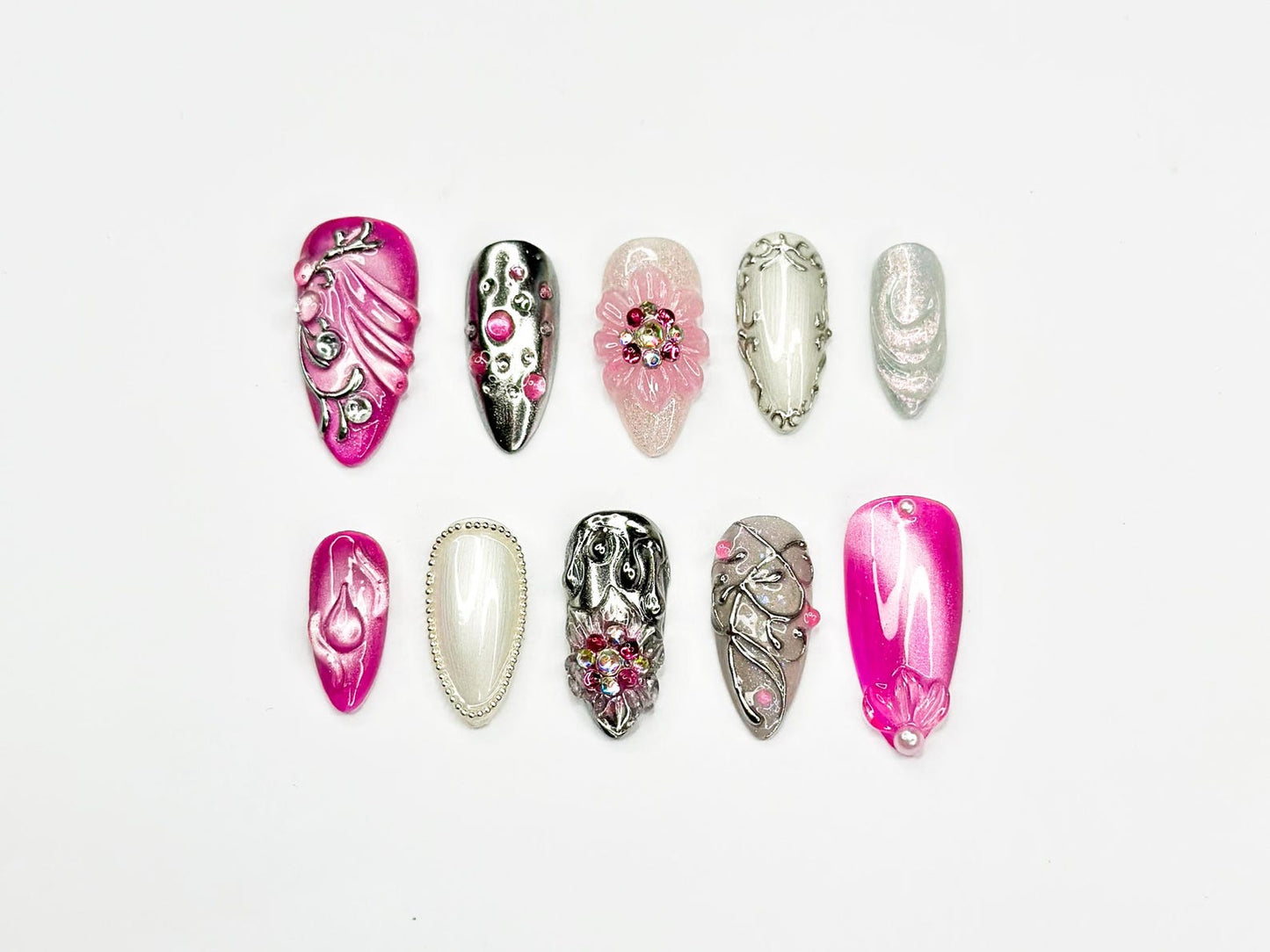 Barbie Luxe Press On Nails | Pink Chrome & Silver Nails | 3D Flower Rhinestone Nails | Elegant Almond Nails | Glam Nail Set | JC378NC (Copy)