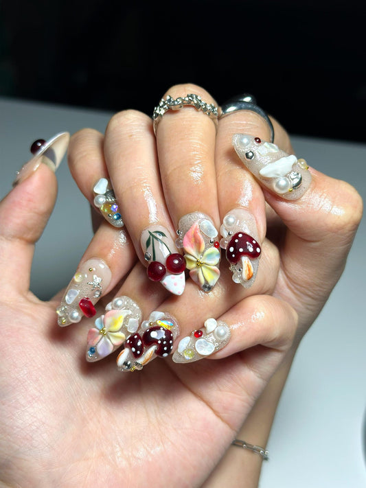 Fairy Garden Dream Press On Nails | 3D Cherry Nails | Mushroom Nails | Soft Glitter Nails | Whimsical Cottagecore Nail Art | JB372NC