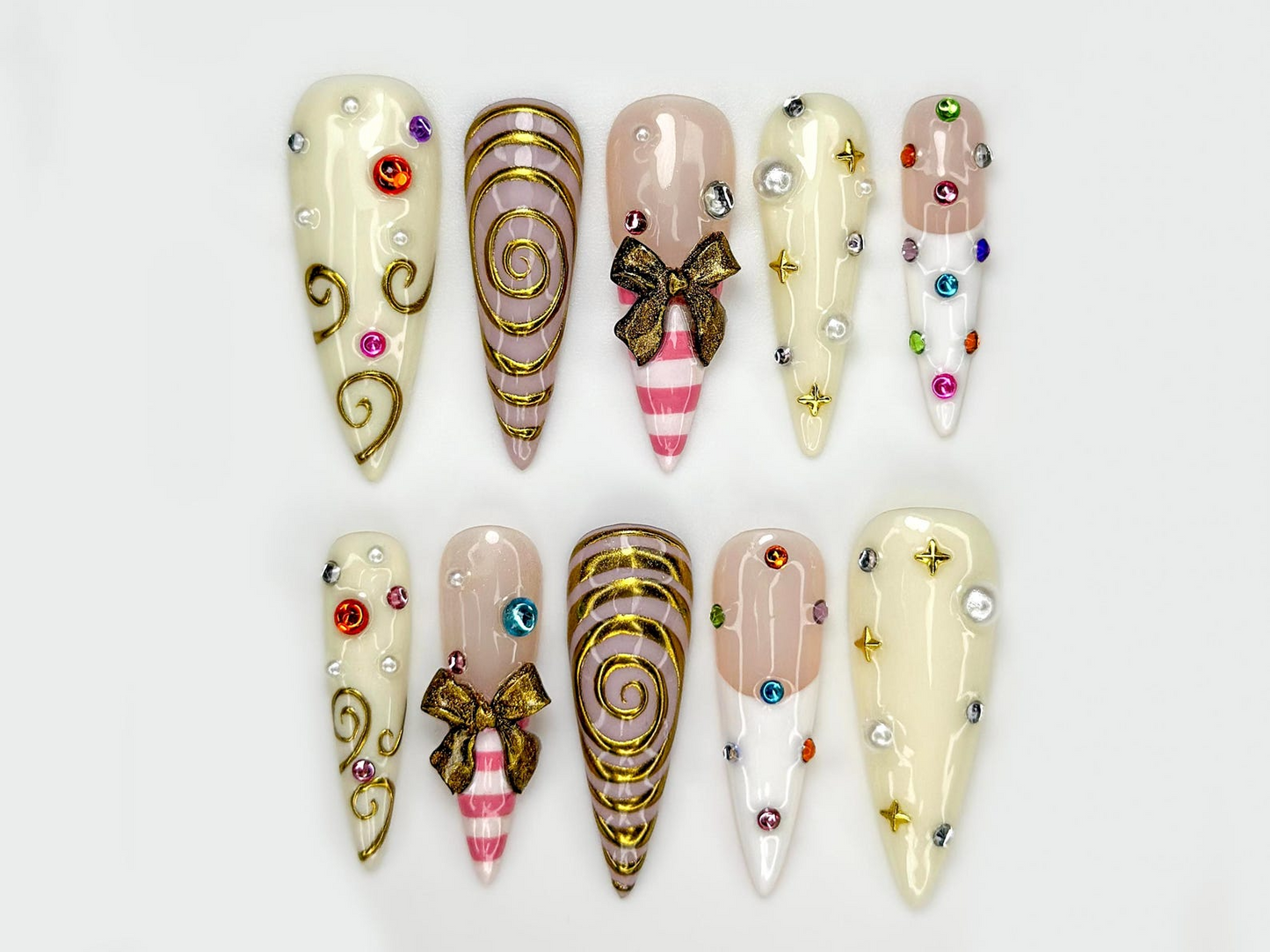 Gold Swirl Cute Press On Nail | Playful Luxury Nail Art | Creative Candy Swirl Nails | Handmade Artistic Candy Nails Set| JB268EC