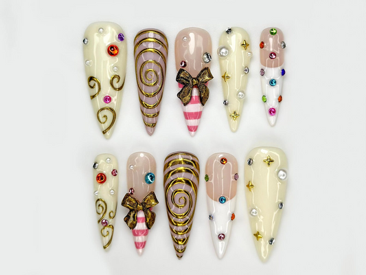 Gold Swirl Cute Press On Nail | Playful Luxury Nail Art | Creative Candy Swirl Nails | Handmade Artistic Candy Nails Set| JB268EC